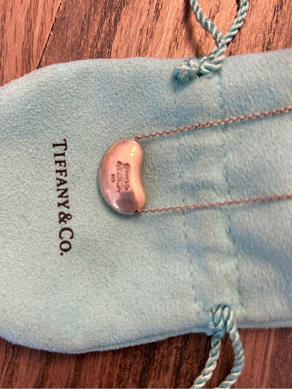 Tiffany & Co. Sterling Silver Bean Pendant Necklace with Aqua Pouch